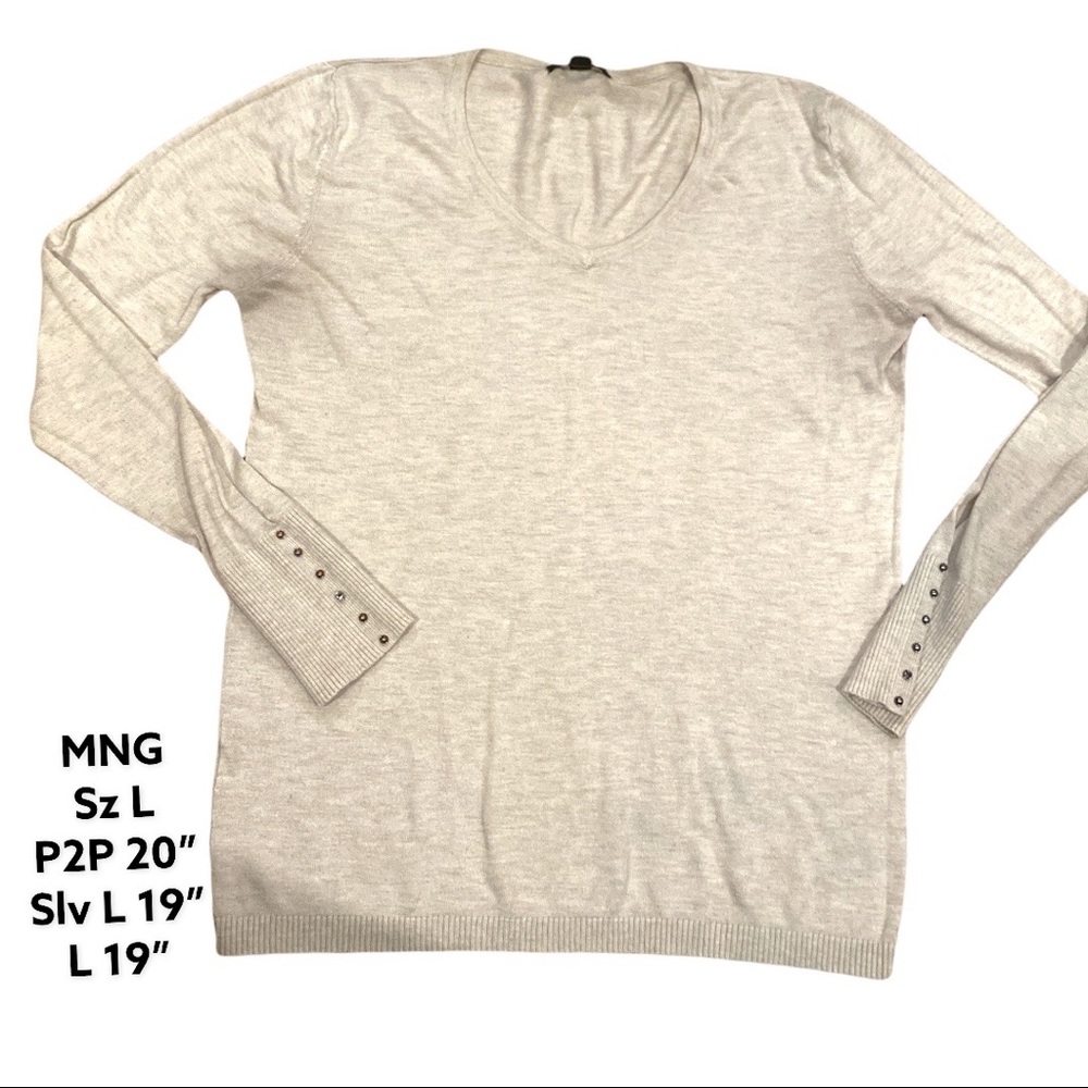 MNG cotton studded cuffs long sleeve V neck light sweater Sz L